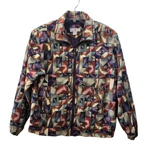 Vintage Stunt‎ Sports 100% Silk Geometric Abstract Bomber Track Jacket Womens M